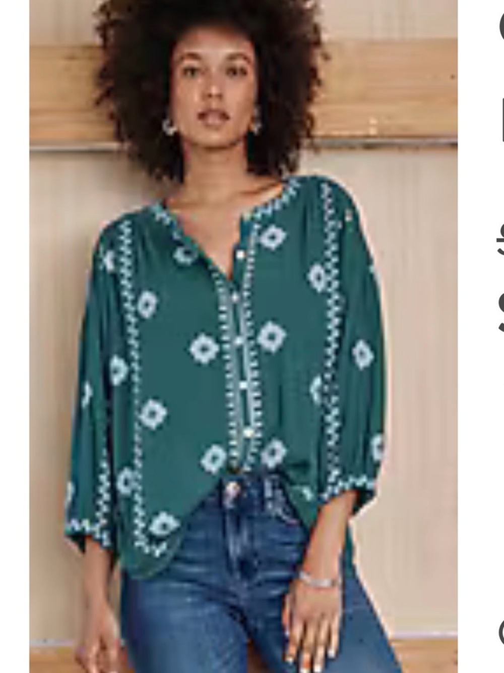 J. Jill Teal Boho Embroidered V-Neck Blouse